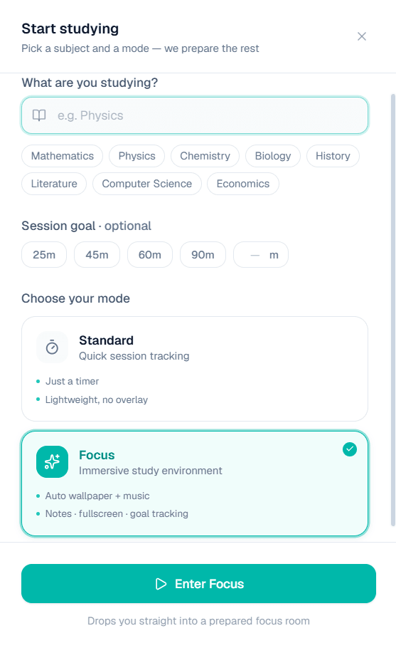 The 'Start studying' dialog: choose a subject and session goal, then pick Standard mode or the immersive Focus mode with auto wallpaper and music.