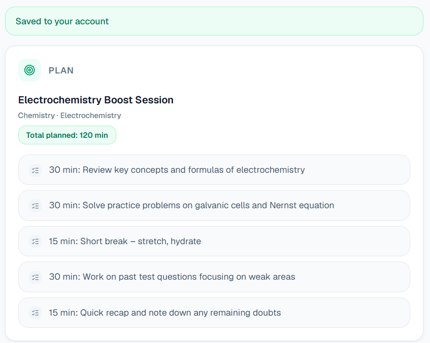 A Study Coach plan: 'Electrochemistry Boost Session', 120 minutes split into review, practice problems, a break and a recap.